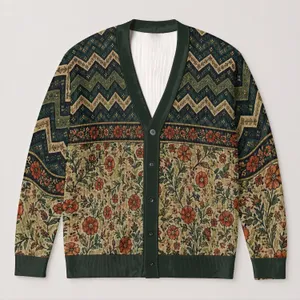 Rust Floral And Teal Chevron Motifs For Cozy Autumn Layering And Everyday Wear For Her All-over Print Knitted Cardigan