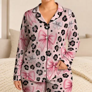 Blush Leopard Bow Loungewear for Cozy Nights and Sleepovers, Gifts for Girls at Home Satin Pajamas Set
