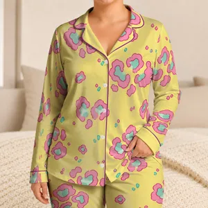 Retro Yellow Leopard Spots Lounge Style for Summer Evenings, Giftable for Women Satin Pajamas Set