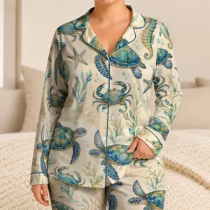 Sea Turtle, Seahorse And Crab Ocean Motifs For Beach Getaways And Cozy Resort Days Satin Pajamas Set
