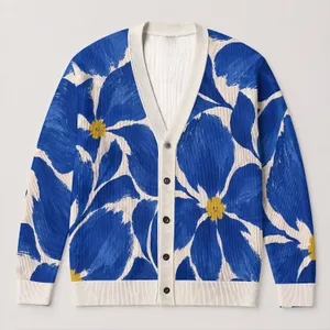 Cobalt Blue Floral Layering Style for Spring Autumn Women Everyday Casual Wardrobe All-over Print Knitted Cardigan