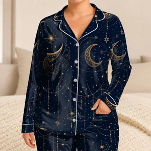 Midnight Navy Moon And Star Celestial Theme For Cozy Romantic Nights At Home Decor Satin Pajamas Set