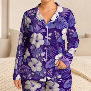 Royal Violet Hibiscus Blooms For Resort Evenings, Tropical Luxe Loungewear For Women Satin Pajamas Set