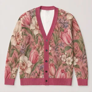 Pink Tulip And Orchid Botanical Garden For Everyday Spring Layering And City Strolls All-over Print Knitted Cardigan