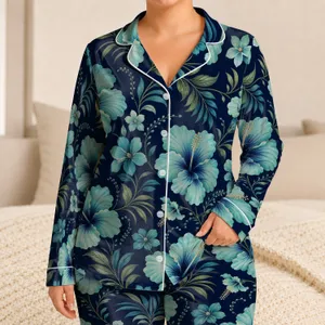 Navy Hibiscus Blooms For Tropical Resort Nights And Coastal Vacations Women Outfit Satin Pajamas Set