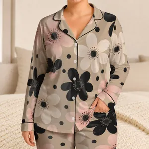 Taupe Beige Daisy Blooms Resort Lounge Sleepwear for Summer Getaways and Cozy Evenings Satin Pajamas Set