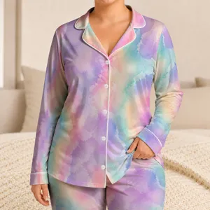 Lavender Rainbow Tie Dye For Summer Nights, Soft Pastel Macaron Mood Satin Pajamas Set