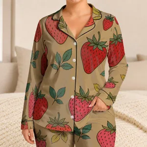 Khaki Strawberry Motif for Summer Lounging, Beach Days, Weekend Trips, and Gifts for Her Satin Pajamas Set