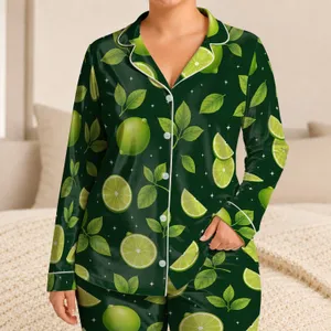 Deep Forest Green Lime Slice Motif For Summer Vacations And Resort Nights Gift Idea Satin Pajamas Set