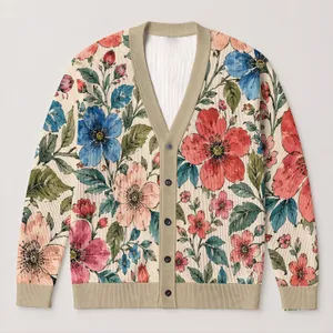 Colorful Vintage Watercolor Floral Blooms for Casual Spring Layering and Weekend Style All-over Print Knitted Cardigan