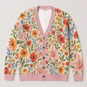 Watercolor Wildflower Blooms for Relaxed Coastal Layering, Women's Everyday Style All-over Print Knitted Cardigan