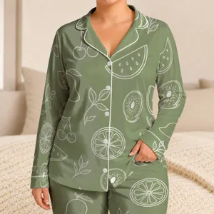 Sage Citrus And Melon Motifs For Cozy Nights, Resort Travel, And Relaxed Lounging Satin Pajamas Set