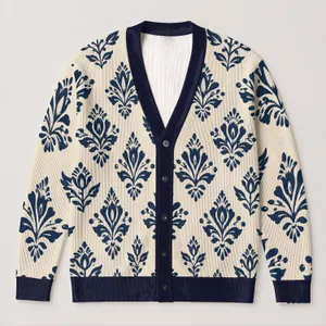 Navy Folk Floral Motifs For Cozy Autumn Layering And Everyday Women's Boho Style All-over Print Knitted Cardigan