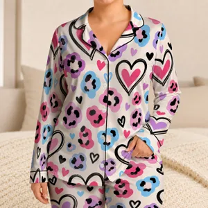 Heart And Leopard Spot Cozy Lounge Style For Sleepovers, Vacations, And Gift Giving Satin Pajamas Set