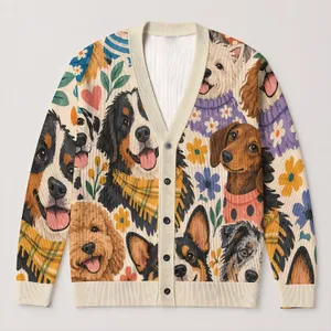 Playful Cartoon Dogs in Colorful Outfits for Casual Everyday Layering, Dog Lovers Style All-over Print Knitted Cardigan