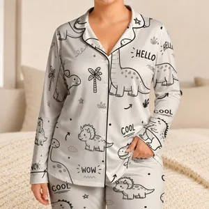 Black And White Dinosaur Doodle Loungewear For Cozy Nights, Relaxed Weekends, Women Satin Pajamas Set