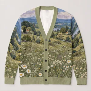 Countryside Daisy Meadow Scene for Relaxed Cottagecore Layering, Women's Everyday Style All-over Print Knitted Cardigan