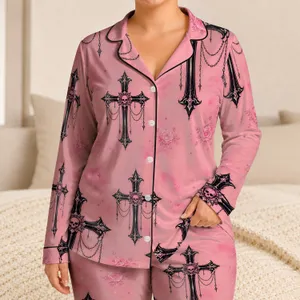 Blush Pink Gothic Cross Chain Sleepwear for Cozy Nights, Alt Style Women Fans Satin Pajamas Set