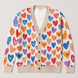 Multicolor Heart Motifs for Cheerful Layering and Everyday Spring Style for Women All-over Print Knitted Cardigan