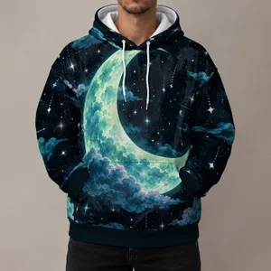 Green Crescent Moon Beneath Starlit Clouds for Dreamy Nighttime Style and Daily Wear All-over Print Hoodie (Lightweight)