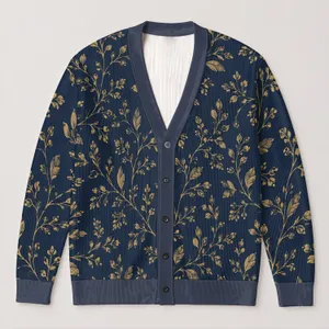 Gold Botanical Vine Motif on Navy Casual Layering Style for Women and Everyday Wear All-over Print Knitted Cardigan