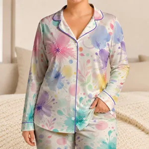 Pastel Ink Splash Garden Resort Holiday Gift For Women Who Love Soft Coastal Style Satin Pajamas Set