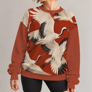 Ivory Flying Cranes on Terracotta for Artful Everyday Wear and Thoughtful Gift Giving All-over Print Knitted Sweater