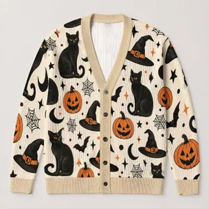 Black Cat Pumpkin Halloween Witch Hat Bats Moon Spooky Fall Party Outfit For Women All-over Print Knitted Cardigan