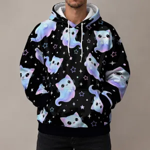 Pastel Ghost Cats and Neon Stars for Whimsical Everyday Wear and Nighttime Outings All-over Print Hoodie (Lightweight)