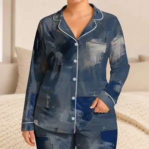 Blue Gray Abstract Oil Wash Lounge Style For Modern Minimalists And Art Lovers At Home Satin Pajamas Set