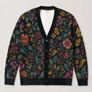 Dark Botanical Blooms for Relaxed Everyday Layering and Weekend Wear for Women’s Style All-over Print Knitted Cardigan