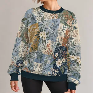 Blue And Ivory Botanical Patchwork Florals For Artful Everyday Casual Wardrobe Style All-over Print Knitted Sweater