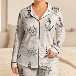 Vintage Nautical Anchor and Lighthouse Coastal Relaxation for Women Beach Getaways Satin Pajamas Set