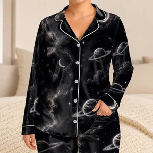 Midnight Galaxy Moon And Ringed Planet Lounge Wear For Cozy Night In Comfort Seekers Satin Pajamas Set
