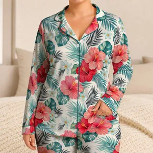 Tropical Hibiscus Palm Leaf Resort Sleep Set For Women Summer Holiday Loungewear Satin Pajamas Set