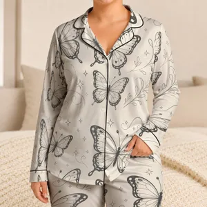 Butterfly Sketch Evening Set For Cozy Nights And Gift Giving In Soft Ivory Tones Satin Pajamas Set