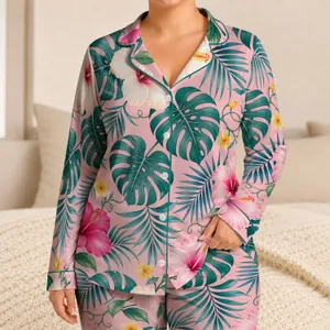 Blush Pink Hibiscus Monstera Resort Lounge Style for Tropical Vacation Looks Satin Pajamas Set