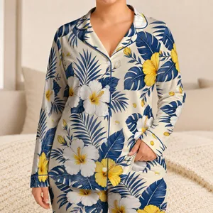 Blue And Yellow Hibiscus Resort Escape For Tropical Vacation Nights For Women Satin Pajamas Set