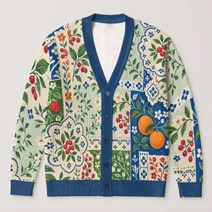 Patchwork Citrus Florals for Beach Days and Casual Layering, Women's Bohemian Style All-over Print Knitted Cardigan