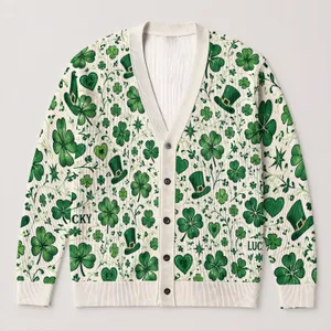 Green Shamrocks and Hearts for St. Patrick’s Day Beach Style, Women’s Spring Layering All-over Print Knitted Cardigan