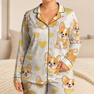 Cute Corgi Puppy Heart Accent Cozy Gift for Relaxed Days and Sweet Lounging At Home Satin Pajamas Set