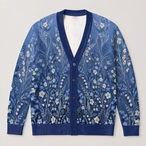 Blue Wildflower Lace Motif for Beach Days and Relaxed Vacation Layering Women’s Style All-over Print Knitted Cardigan