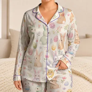 Easter Bunny And Chick Pastel Ivory Cozy Holiday Style For Women And Girls At Home Satin Pajamas Set