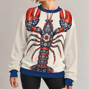 Folk Floral Lobster Motif for Coastal Summer Outings and Seaside Casual Style for Her All-over Print Knitted Sweater