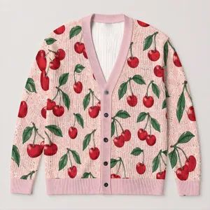 Red Cherry and Green Leaf Motif for Spring Beach Vacations and Casual Everyday Style All-over Print Knitted Cardigan