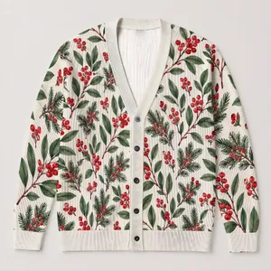 Green Holly Berry Sprigs for Festive Layering, Winter Celebrations, and Holiday Gatherings All-over Print Knitted Cardigan