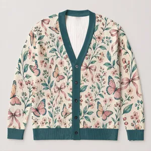 Watercolor Butterfly Floral Bow Motifs for Elegant Everyday Layering and Garden Style All-over Print Knitted Cardigan