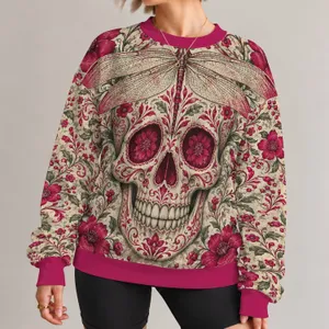 Day of the Dead Sugar Skull and Dragonfly for Casual Bohemian Style All Year Wear All-over Print Knitted Sweater