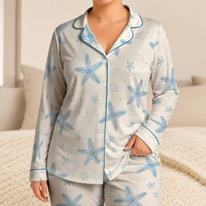 Blue Starfish Coastal Bedtime Set For Beach House Evenings And Gift Giving For Her Satin Pajamas Set