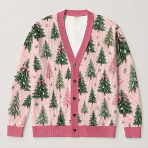 Pink Bow Christmas Tree Holiday Style For Women, Cozy Seasonal Layering Gift Idea All-over Print Knitted Cardigan
